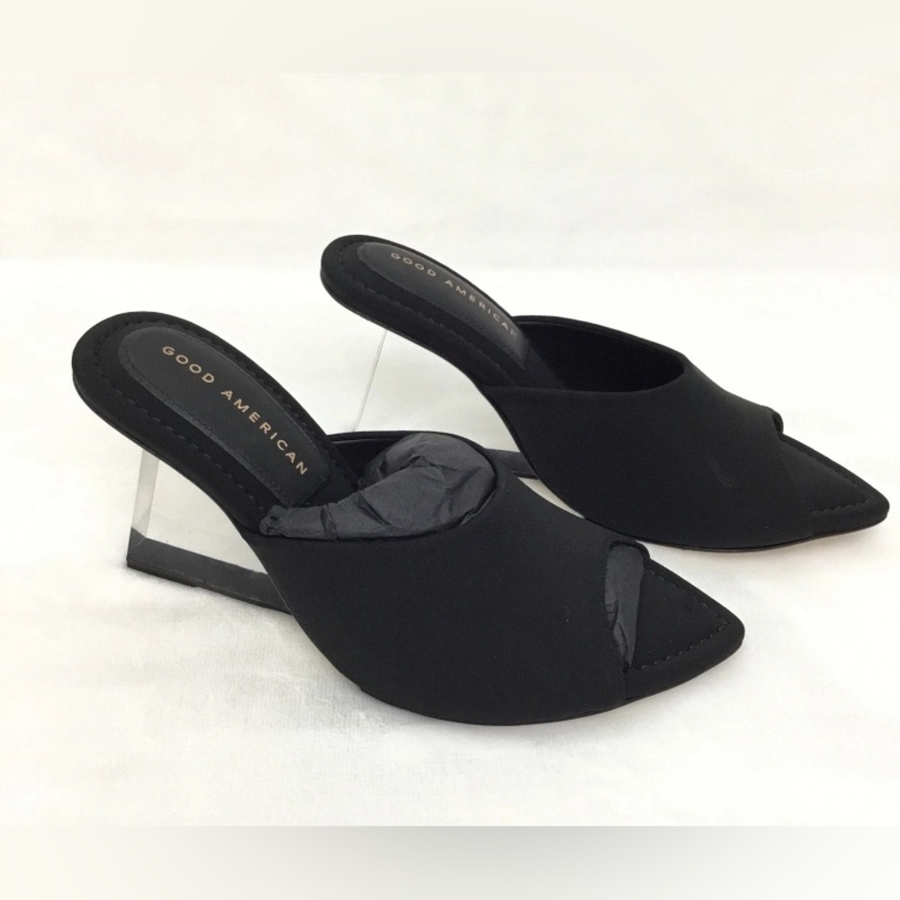 NWOT Good American Mule Heel Sandals 8 Peep Toe Clear Wedge Neoprene Cinderella
